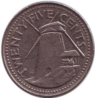 Монета 25 центов. 1998 год, Барбадос. Сахарная мельница Моргана Льюиса. Монета 25 центов. 1998 год, Барбадос. Сахарная мельница Моргана Льюиса.