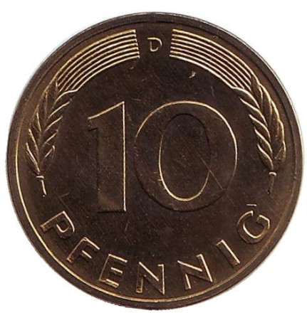 Монета 10 пфеннигов. 1982 год (D), ФРГ. UNC. Дубовые листья.