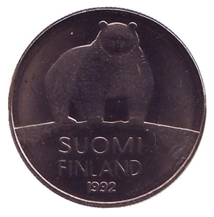 Монета 50 пенни. 1992 год, Финляндия. UNC. Медведь.