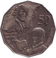 Монета 50 центов. 1998 год, Австралия. 200 лет путешествию Джорджа Басса и Мэтью Флиндерса. Монета 50 центов. 1998 год, Австралия. 200 лет путешествию Джорджа Басса и Мэтью Флиндерса.
