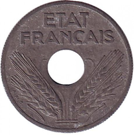 Монета 10 сантимов. 1942 год, Франция. Режим Виши.