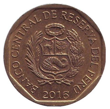 Монета 10 сентимов. 2016 год, Перу.