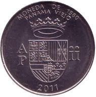 Монета 1/2 бальбоа. 2011 год, Панама. UNC. Панама-Вьехо - валюта 1580 года. Монета 1/2 бальбоа. 2011 год, Панама. UNC. Панама-Вьехо - валюта 1580 года.