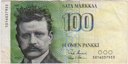 Банкнота 100 марок. 1986 год, Финляндия. Без литеры А. Ян Сибелиус.