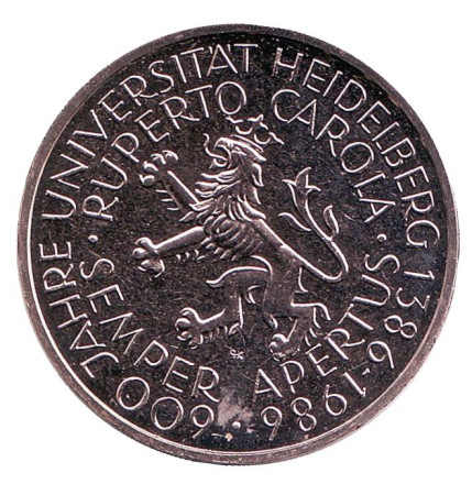 Монета 5 марок. 1986 год (D), ФРГ. UNC. 600 лет Гейдельбергскому университету.