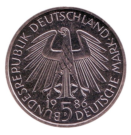 Монета 5 марок. 1986 год, ФРГ. 600 лет Гейдельбергскому университету.