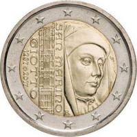 750 лет со дня рождения итальянского художника и архитектора Джотто ди Бондоне. Монета 2 евро. 2017 год, Сан-Марино.