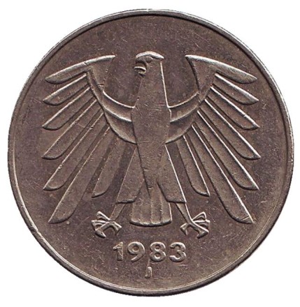 Монета 5 марок. 1983 год (J), Германия.
