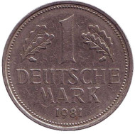 Монета 1 марка. 1981 год (D), ФРГ. Монета 1 марка. 1981 год (D), ФРГ.