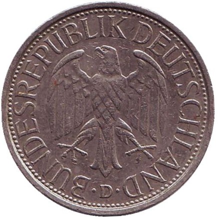 Монета 1 марка. 1981 год (D), ФРГ. Монета 1 марка. 1981 год (D), ФРГ.