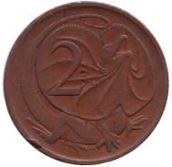 Монета 2 цента. 1971 год, Австралия. Плащеносная ящерица. Монета 2 цента. 1971 год, Австралия. Плащеносная ящерица.