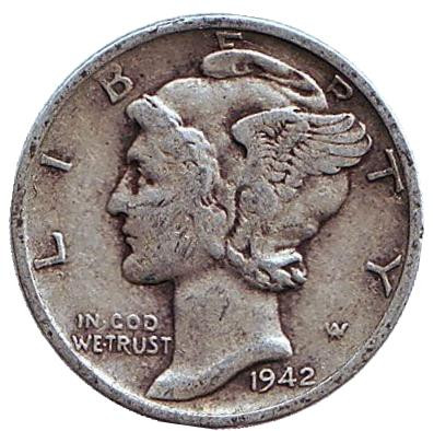Монета 10 центов. 1942 год, США. Монетный двор S. Меркурий.