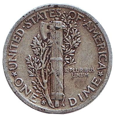 Монета 10 центов. 1942 год, США. Монетный двор S. Меркурий. Монета 10 центов. 1942 год, США. Монетный двор S. Меркурий.