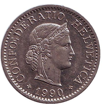 Монета 10 раппенов. 1990 год, Швейцария.