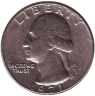 Монета 25 центов. 1971 (D) год, США. Вашингтон. Монета 25 центов. 1971 (D) год, США. Вашингтон.