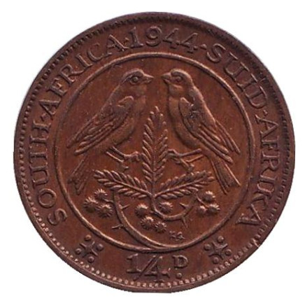 Монета 1/4 пенни (фартинг). 1944 год, ЮАР. Птицы.