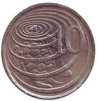 Монета 10 центов. 1987 год, Каймановы острова. Зелёная черепаха.