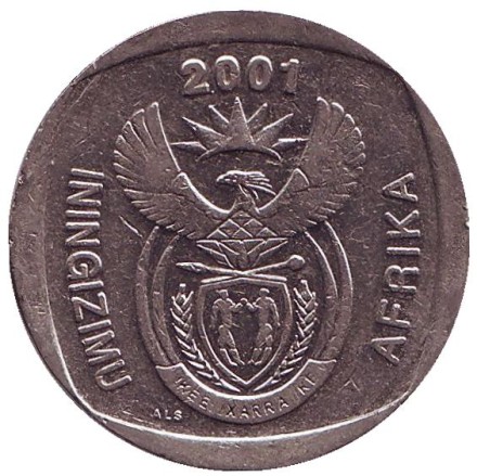 Монета 5 рандов. 2001 год, ЮАР. Антилопа гну. Монета 5 рандов. 2001 год, ЮАР. Антилопа гну.