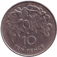 Белая лилия. Монета 10 пенсов. 1991 год, Острова Святой Елены и Вознесения.