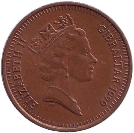 Монета 1 пенни. 1990 год, Гибралтар. Берберская куропатка. (AA). Монета 1 пенни. 1990 год, Гибралтар. Берберская куропатка. (AA).