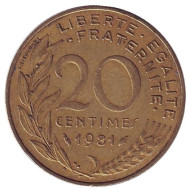 Монета 20 сантимов. 1981 год, Франция. Монета 20 сантимов. 1981 год, Франция.
