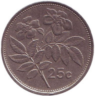 Монета 25 центов. 1993 год, Мальта. Цветы. Монета 25 центов. 1993 год, Мальта. Цветы.