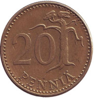 Монета 20 пенни. 1971 год, Финляндия. Монета 20 пенни. 1971 год, Финляндия.