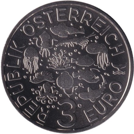 Монета 3 евро. 2024 год, Австрия. Серия "Светящаяся морская жизнь". Желтый скат.