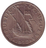 Монета 5 эскудо. 1972 год, Португалия. Парусный корабль.