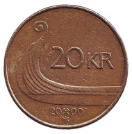 Монета 20 крон. 2000 год, Норвегия. Ладья викингов. Монета 20 крон. 2000 год, Норвегия. Ладья викингов.