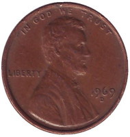 Монета 1 цент. 1969 год (D), США. Линкольн. Монета 1 цент. 1969 год (D), США. Линкольн.