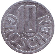 Монета 10 грошей. 1966 год, Австрия. Монета 10 грошей. 1966 год, Австрия.