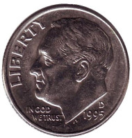 Монета 10 центов. 1995 (D) год, США. Рузвельт. Монета 10 центов. 1995 (D) год, США. Рузвельт.