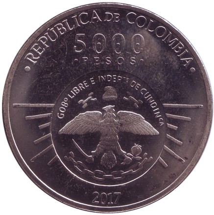 Монета 5000 песо. 2017 год, Колумбия. Свободное Государство Кундинамарка. Антонио Нариньо. Монета 5000 песо. 2017 год, Колумбия. Свободное Государство Кундинамарка. Антонио Нариньо.