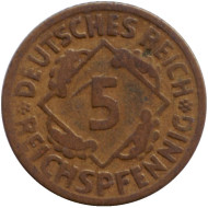 Монета 5 рейхспфеннигов. 1924 год (G), Веймарская республика. Монета 5 рейхспфеннигов. 1924 год (G), Веймарская республика.