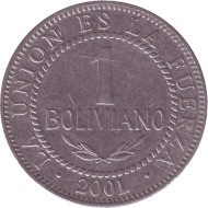 Монета 1 боливиано. 2001 год, Боливия. Монета 1 боливиано. 2001 год, Боливия.