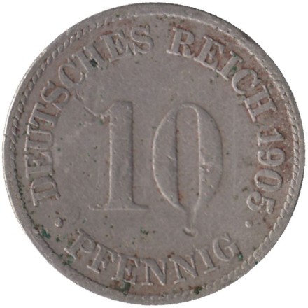 Монета 10 пфеннигов. 1905 год (D), Германская империя.