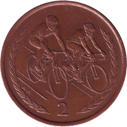 Монета 2 пенса. 1997 год, Остров Мэн. Велоспорт.