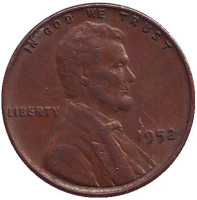 Линкольн. Монета 1 цент. 1952 год (P), США.
