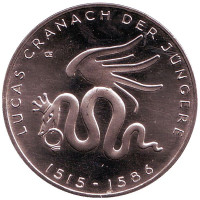 500 лет со дня рождения Лукаса Кранаха Младшего. Монета 10 евро. 2015 год, Германия.