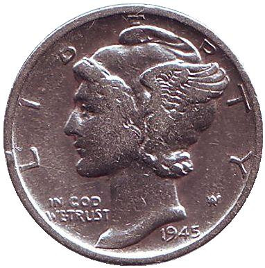 Монета 10 центов. 1945 год (S), США. Меркурий.