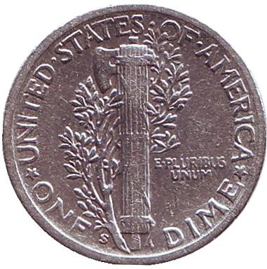 Монета 10 центов. 1945 год (S), США. Меркурий.