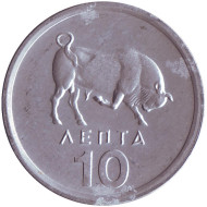 Монета 10 лепт, 1978 год, Греция. Бык. Монета 10 лепт, 1978 год, Греция. Бык.