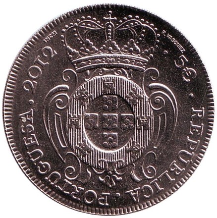 Монета 5 евро, 2012 год, Португалия. Песа 1722 года короля Жуана V, Нумизматические сокровища Португалии.
