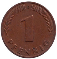 Монета 1 пфенниг. 1948 год (D), ФРГ. Дубовые листья. Монета 1 пфенниг. 1948 год (D), ФРГ. Дубовые листья.