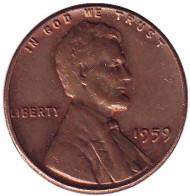 Монета 1 цент. 1959 год (P), США. Линкольн. Монета 1 цент. 1959 год (P), США. Линкольн.