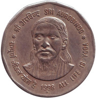 Монета 2 рупии. 1998 год, Индия. Шри Ауробиндо. ("♦" - Мумбаи). Монета 2 рупии. 1998 год, Индия. Шри Ауробиндо. ("♦" - Мумбаи).