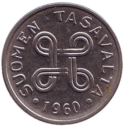 Монета 1 марка. 1960 год, Финляндия.