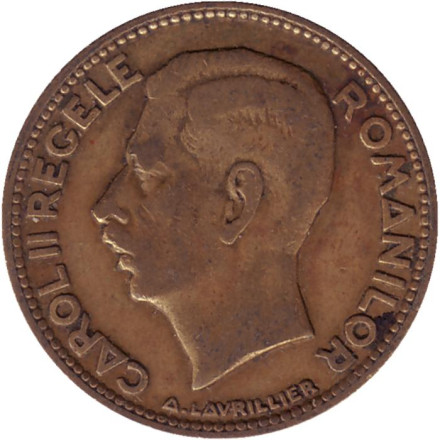 Монета 10 лей. 1930 год, Румыния. Отметка монетного двора: "раковина и крыло". Париж.