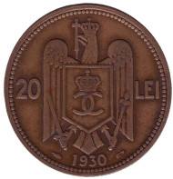 Монета 20 лей. 1930 год, Румыния. Отметка монетного двора: "раковина и крыло". Париж. Монета 20 лей. 1930 год, Румыния. Отметка монетного двора: "раковина и крыло". Париж.